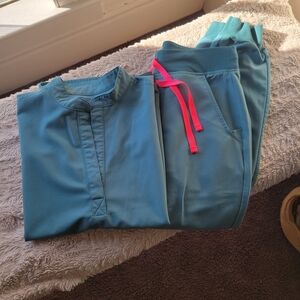 Figs Teal Joggers with Pink Drawstring